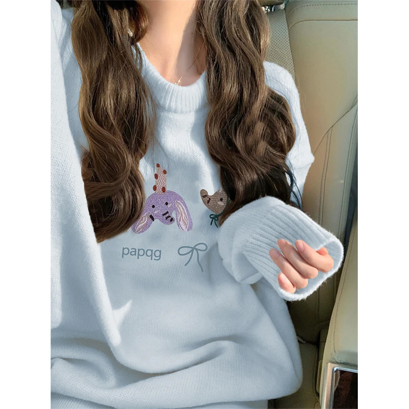 奶蓝色韩系慵懒风chic圆领套头毛衣女秋冬穿搭小个子减龄针织上衣