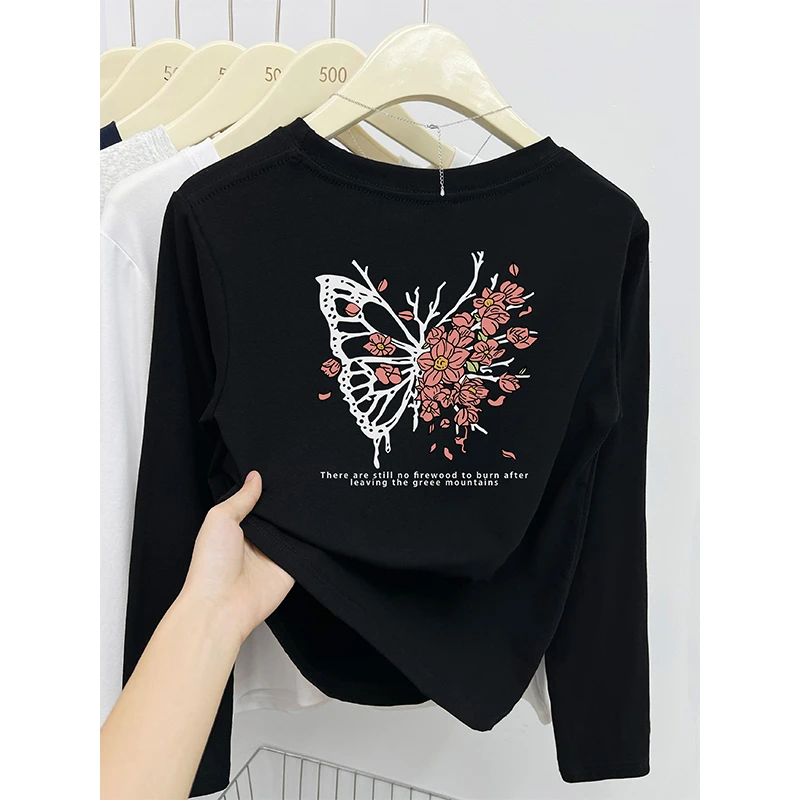 2024年秋季新款正肩长袖t恤女装韩版蝴蝶前后印花打底衫圆领上衣