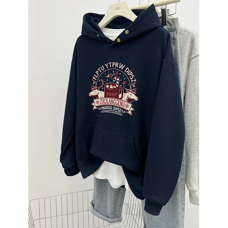 美式潮牌设计感纽扣连帽卫衣女秋冬季宽松外套oversize慵懒风上衣