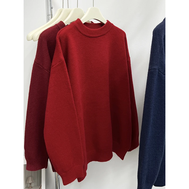 软糯套头毛衣女秋冬加绒加厚宽松趣味印花慵懒风针织衫圆领上衣