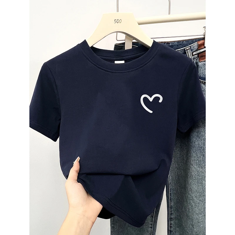 设计感爱心印花圆领正肩短袖t恤女夏季新款显瘦洋气减龄百搭上衣