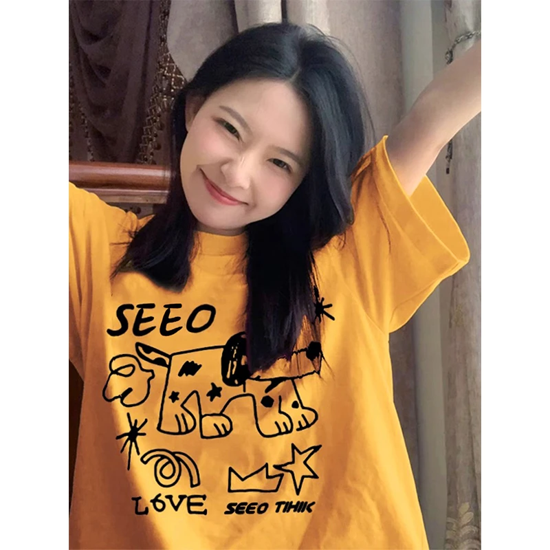 韩系学生慵懒风黄色短袖t恤女夏季2025新款洋气纯棉宽松休闲上衣