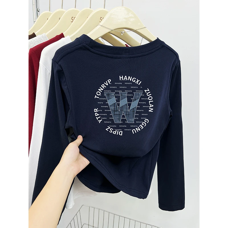 圆领正肩长袖T恤女秋季2025新款爆款时尚字母印花打底衫套头上衣