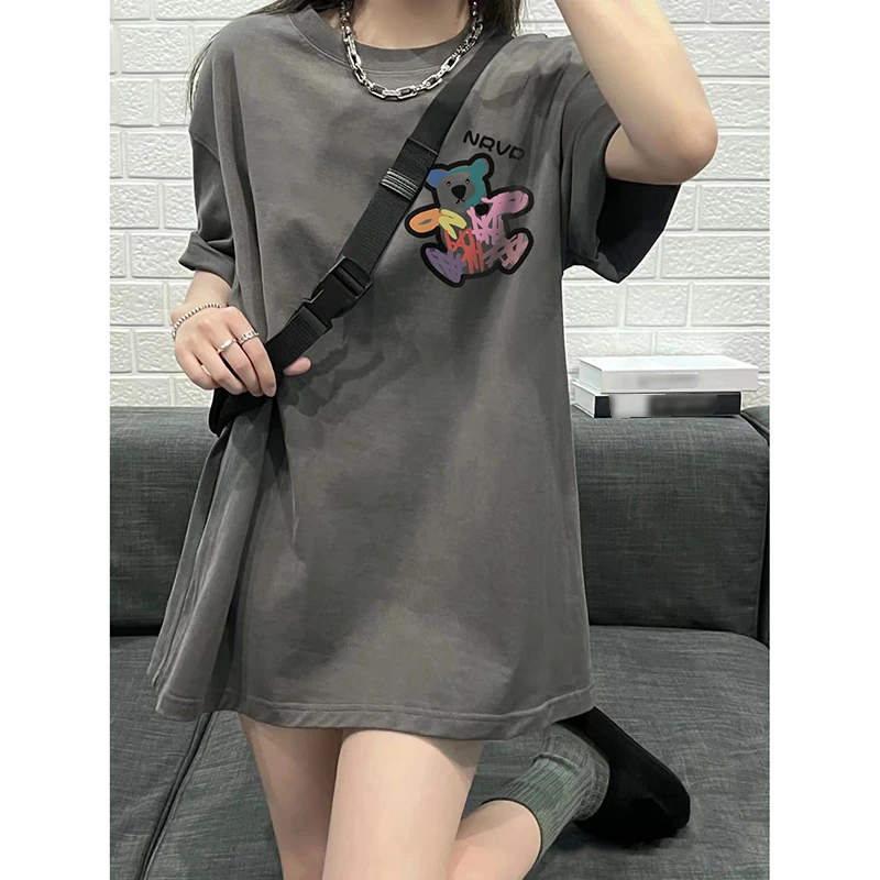 纯棉设计感小众上衣涂鸦小熊半袖高级感深灰色短袖T恤女夏季新款