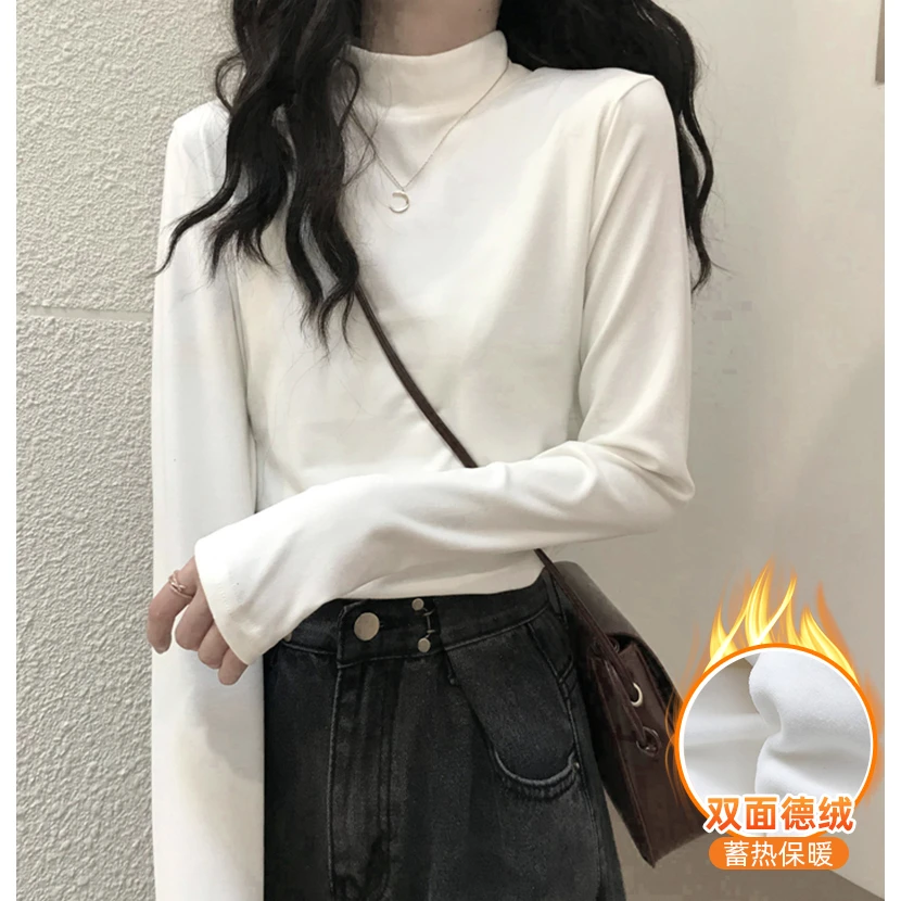 秋季新款双面德绒韩版纯色显瘦长袖正肩t恤上衣ins半高领打底衫女