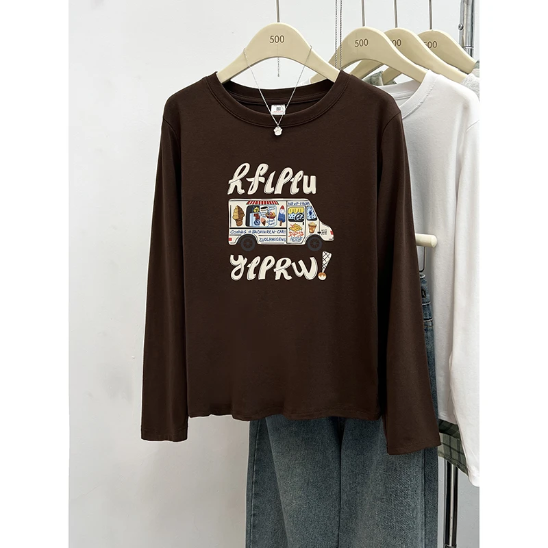 秋季2024新款正肩圆领T恤韩版时尚小个子穿搭长袖打底衫女上衣服