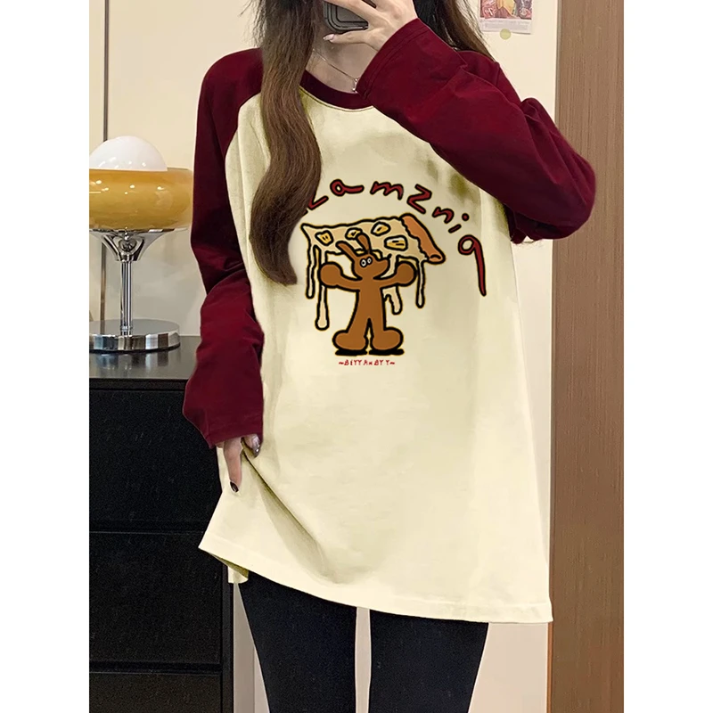 学院风洋气插肩纯棉T恤女长袖2025春季新款卡通印花宽松显瘦上衣
