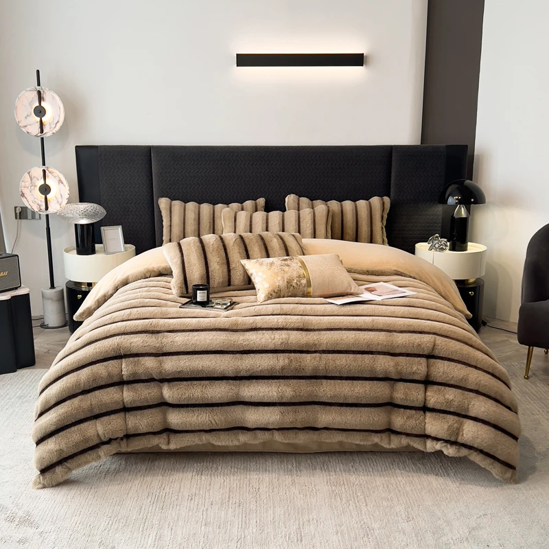 YD 4288 背印条纹仿兔绒四件套 条纹-卡其