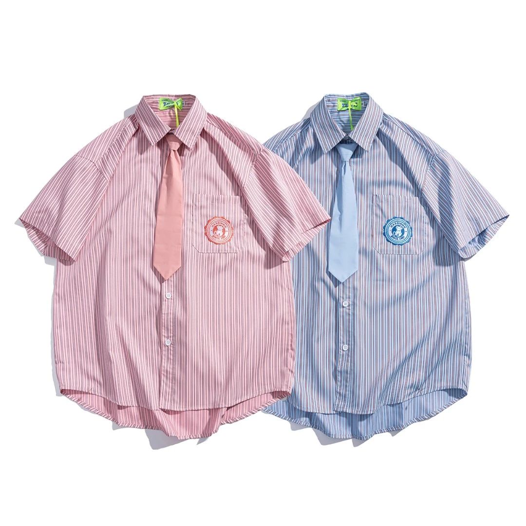 2024新款领带情侣短袖衬衫夏季日系设计感徽章宽松条纹衬衣1662