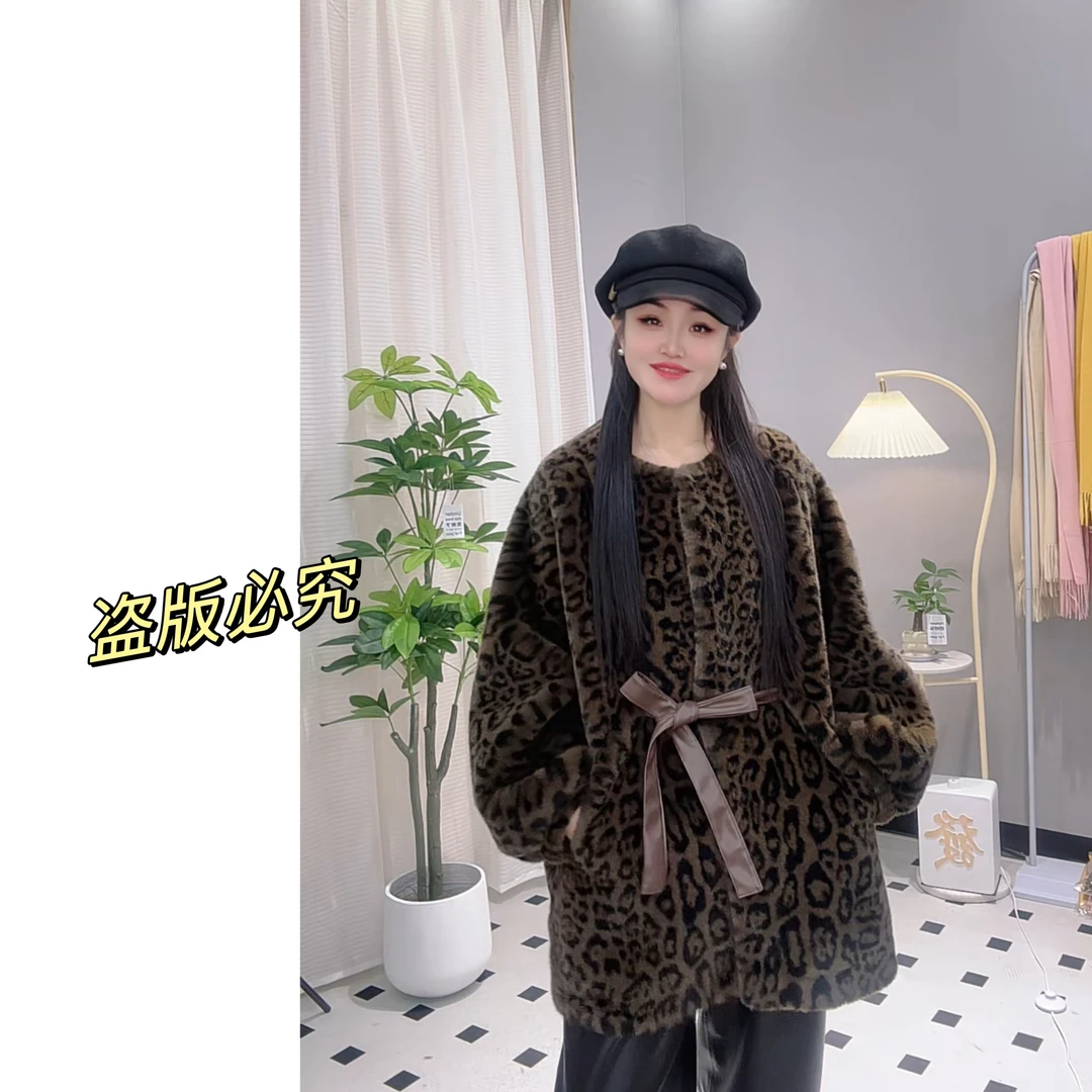 【薇薇家  实体版本】发顺丰时尚百搭网红走秀豹纹毛毛女士短外套