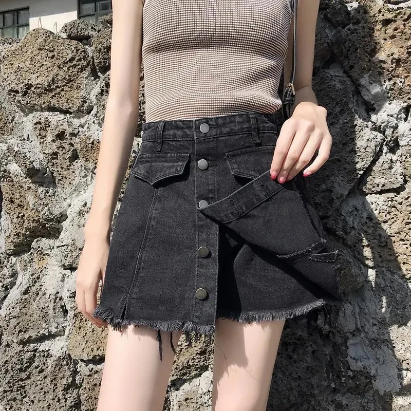 防走光a字宽松牛仔短裤裙女夏季新款高腰毛边学生显瘦百搭阔腿裤