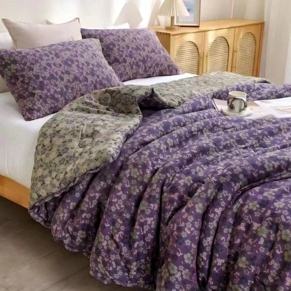 单人【紫碎花被子】1.5*2.0M高端纯棉双层纱柔软亲肤机洗被子