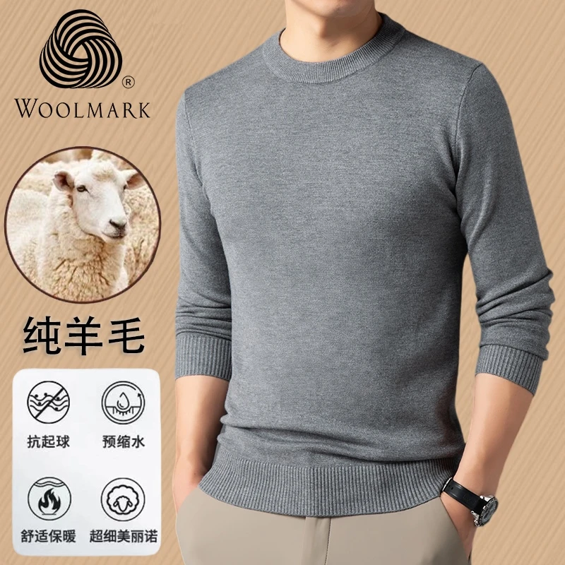 断码清仓秋冬新款高档100%纯羊毛衫男圆领休闲纯色百搭打底衫厚款