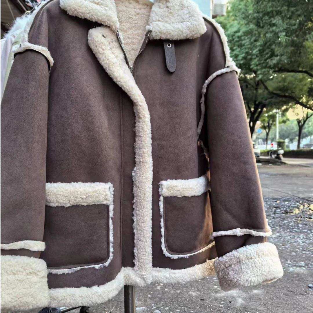 2024新款复古鹿皮绒拼接皮毛一体外套女宽松保暖机车服上衣