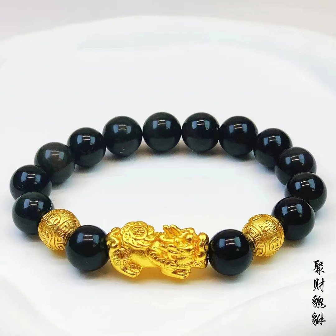 铜合金手链 【铜合金】黑色经典男士招米弹力绳手串