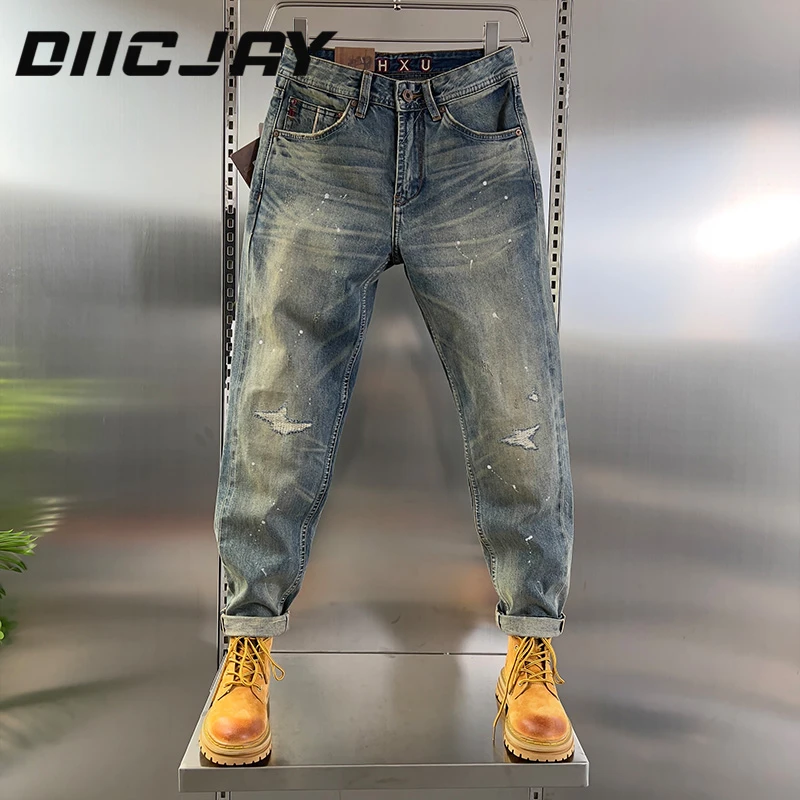 DIIC JAY/狄杰赤耳丹宁泼墨破洞牛仔裤男美式休闲重磅水洗微锥裤