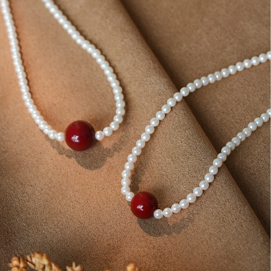 链子925银 复古气质满串红珠项链百搭简约优雅时尚女款ins颈链