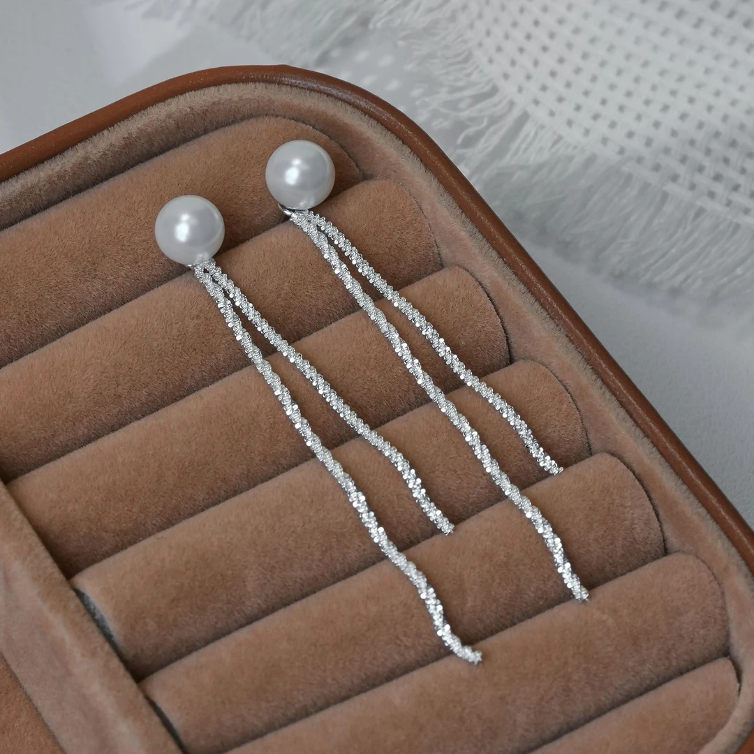 925银耳饰 爆闪流苏珠珠耳钉闪亮气质两戴百搭清新优雅时尚女耳饰