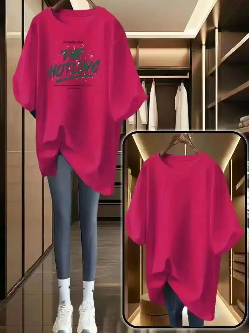 时尚女装大码显瘦网红打底夏季开叉宽松中长款洋气休闲百搭半袖