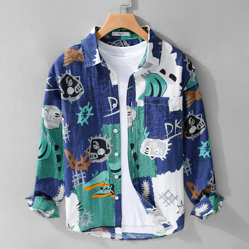 设计男士春季感薄休闲潮流2024衬衫外套新款花色长袖印花帅气衬衣