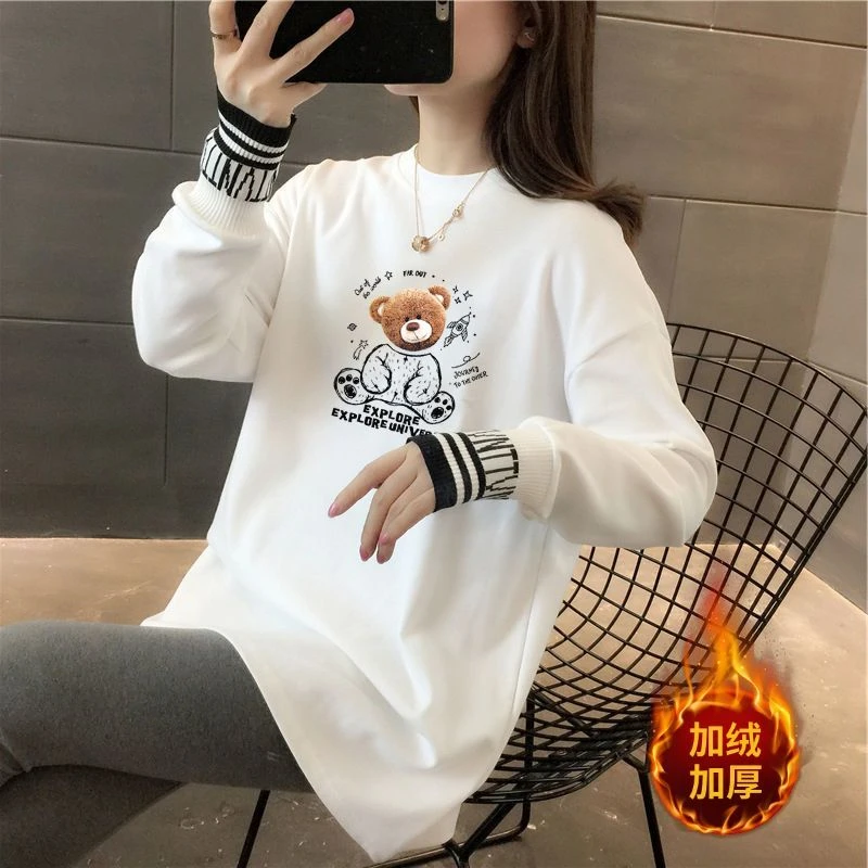 2024新款宽松加厚白色t恤女装秋冬长袖加绒打底衫中长款内搭上衣