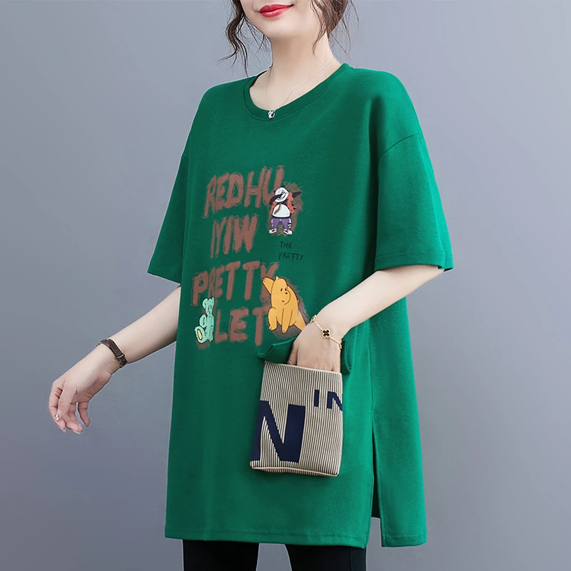 大码女士印花卡通大口袋圆领时尚中长款短袖T恤宽松夏季显瘦洋气