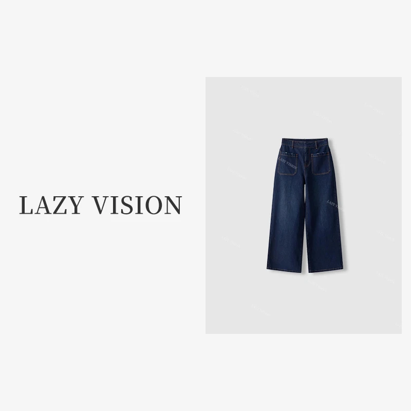 LAZYVISION【口袋裤】新品复古筒阔腿裤牛仔裤女装女ZMD-18099