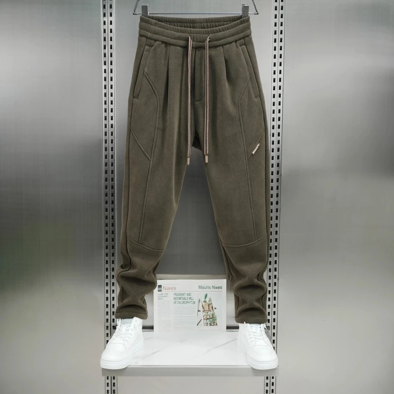 冬季加绒加厚男士百搭休闲裤子宽松潮流拼接条纹时尚卫裤休闲裤子