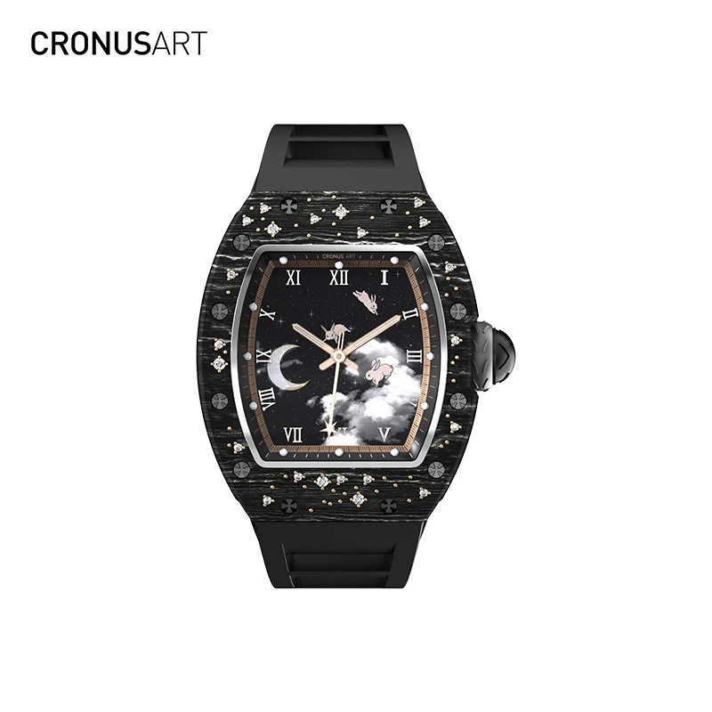 CronusArt克洛斯生肖月兔蓝宝石机械腕表K金镶钻碳纤维时尚名表