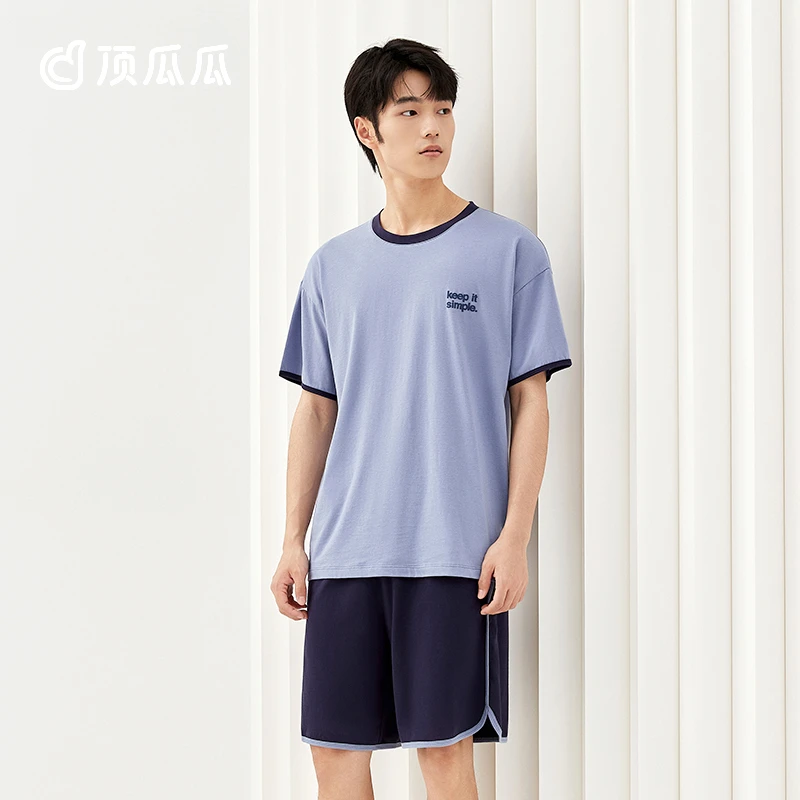 顶瓜瓜睡衣男士夏季纯棉短袖长裤薄款全棉可外穿休闲家居服套装
