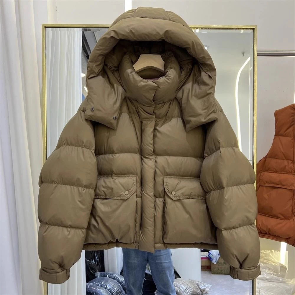 美拉德短款小个子加厚连帽面包服羽绒服女冬季新款白鸭绒保暖外套