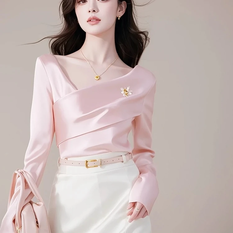 春秋穿搭套装2025漂亮女装高端时尚粉色缎面衬衫半身裙气质两件套