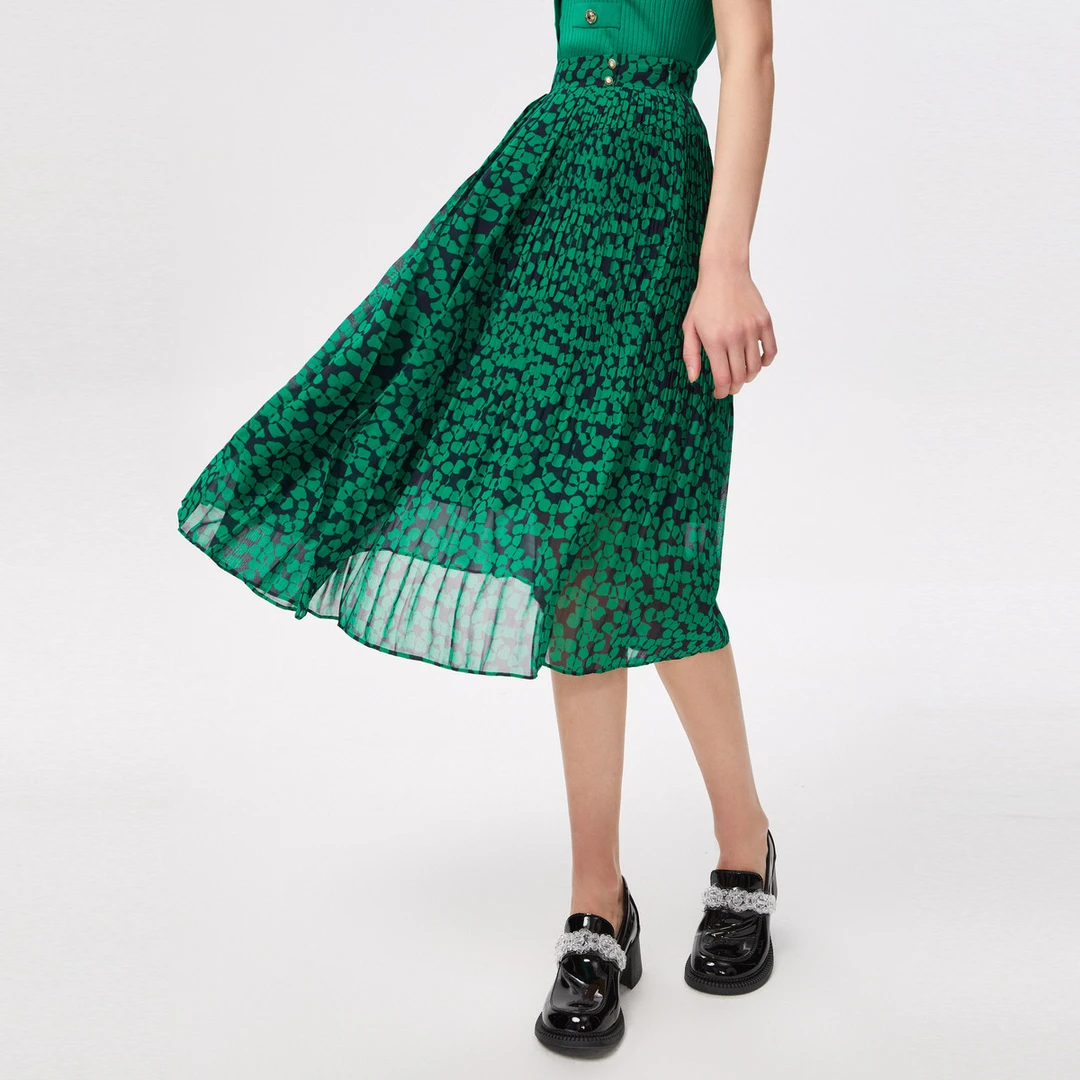 LIMEFLARE/莱茵福莱尔新派简约风网纱百褶裙气质绿色包臀拼接字