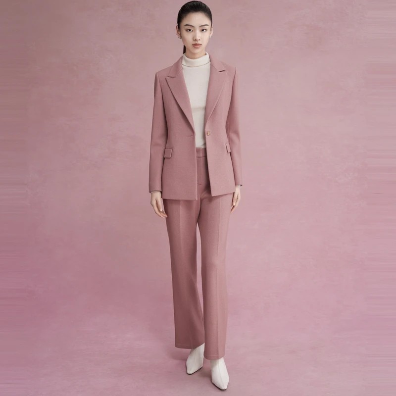 LIMEFLARE/莱茵福莱尔雅韵东方风秋冬新款气质薄雾玫瑰粉西装裤