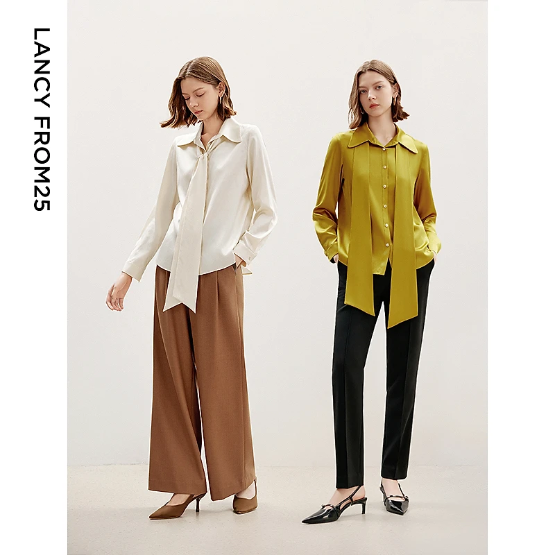 朗姿桑蚕丝设计感可拆卸飘带衬衣2024年秋季新款法式高级感衬衫女