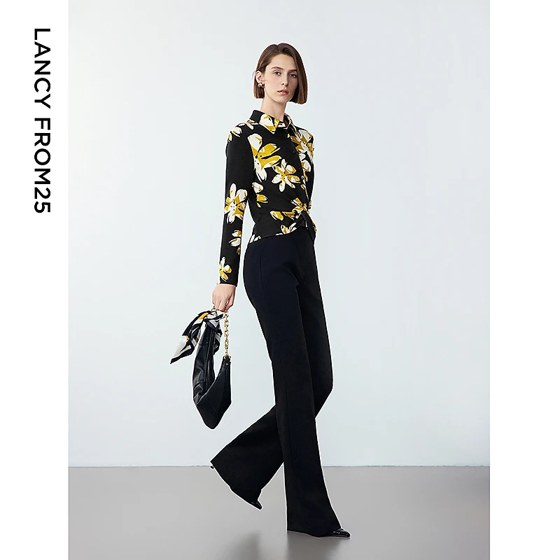 朗姿法式印花气质内搭衬衣高级感时尚复古衬衫上衣2024年冬季新款