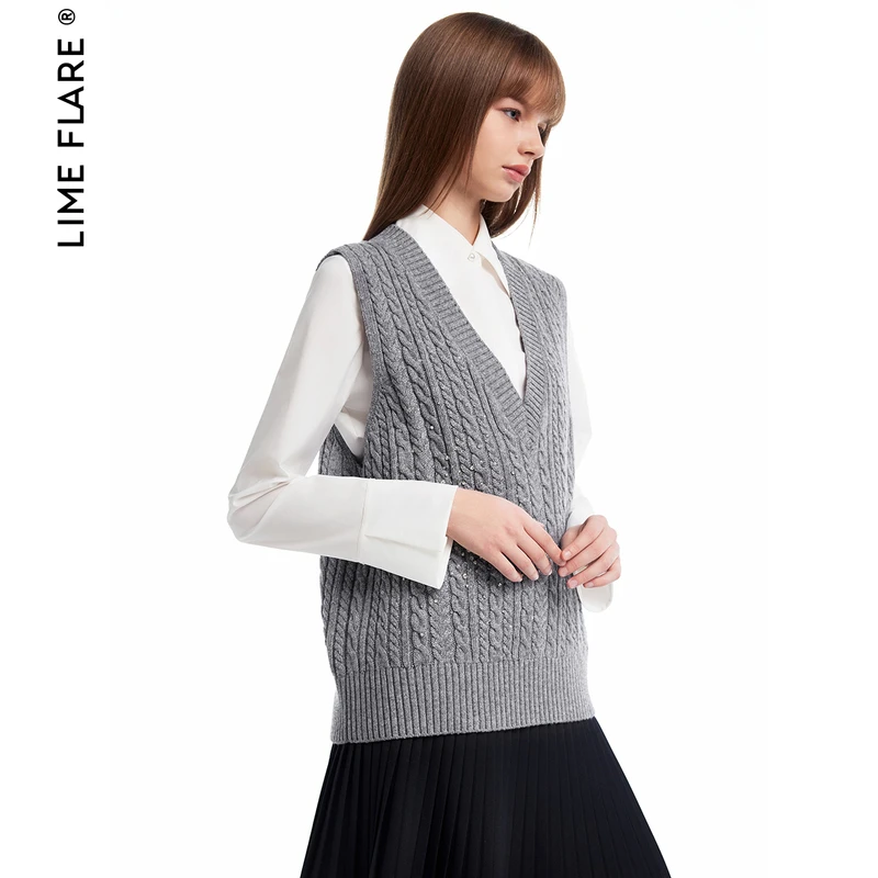 福莱尔格雷系学院风麻花重工钉珠针织马甲背心2024秋冬