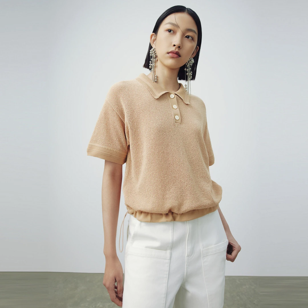 【专柜同款】M.TSUBOMI/子苞米短袖抽绳镂空POLO针织衫宽松气质