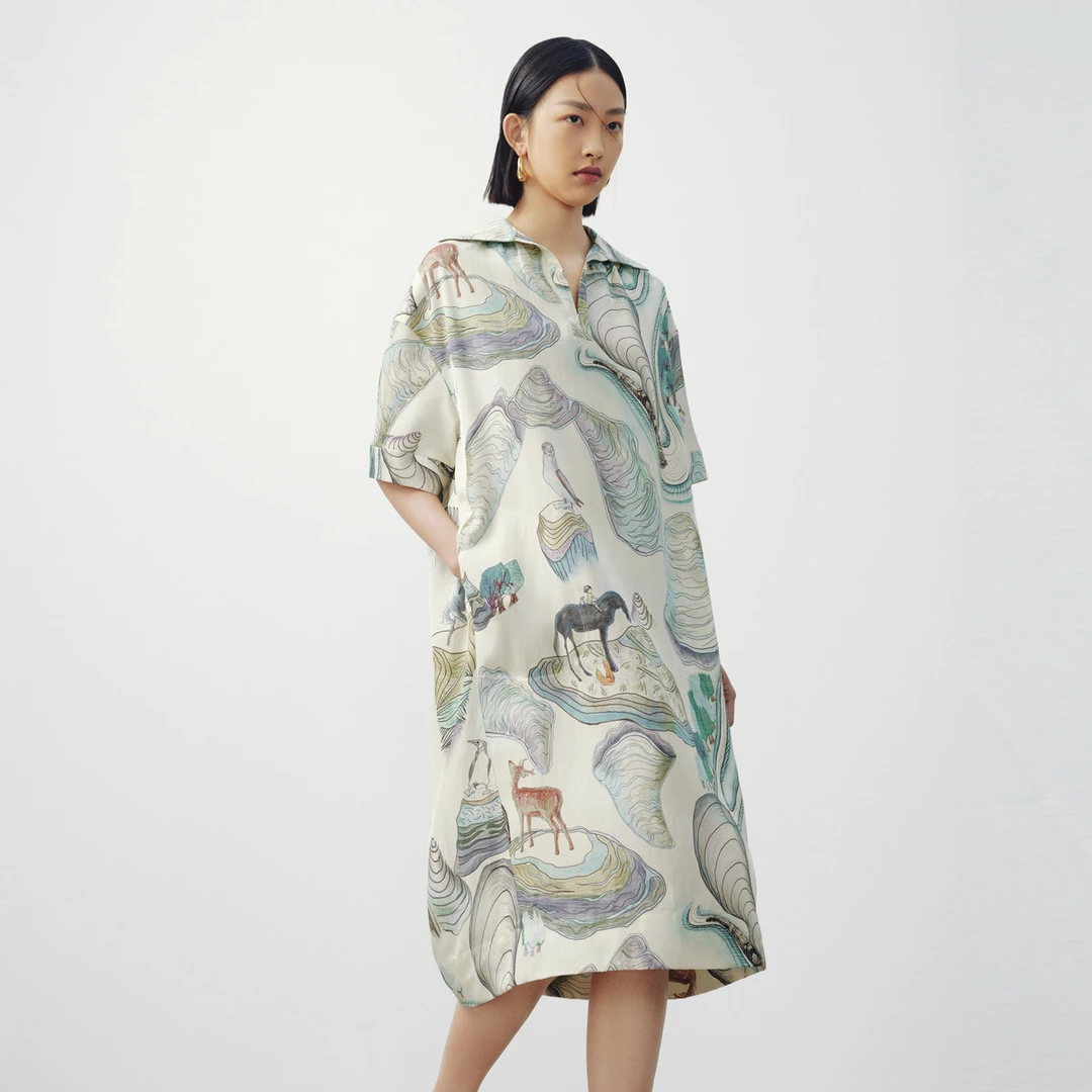 【专柜同款】M.TSUBOMI/子苞米艺术印花短袖翻领衬衫连衣裙宽松中裙