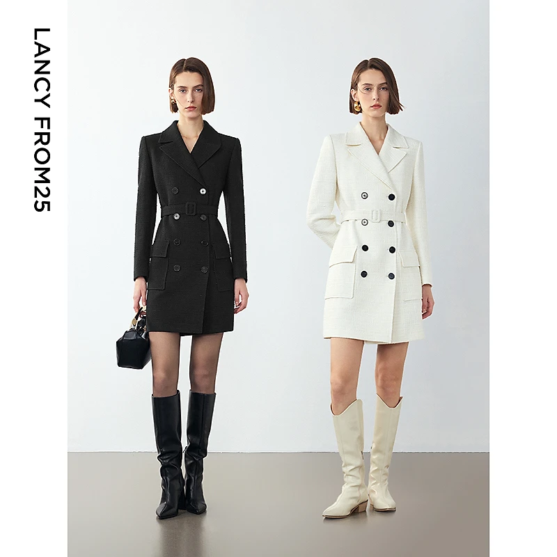 朗姿2024年冬季新款设计感法式小香风职业气质西装裙收腰连衣裙女