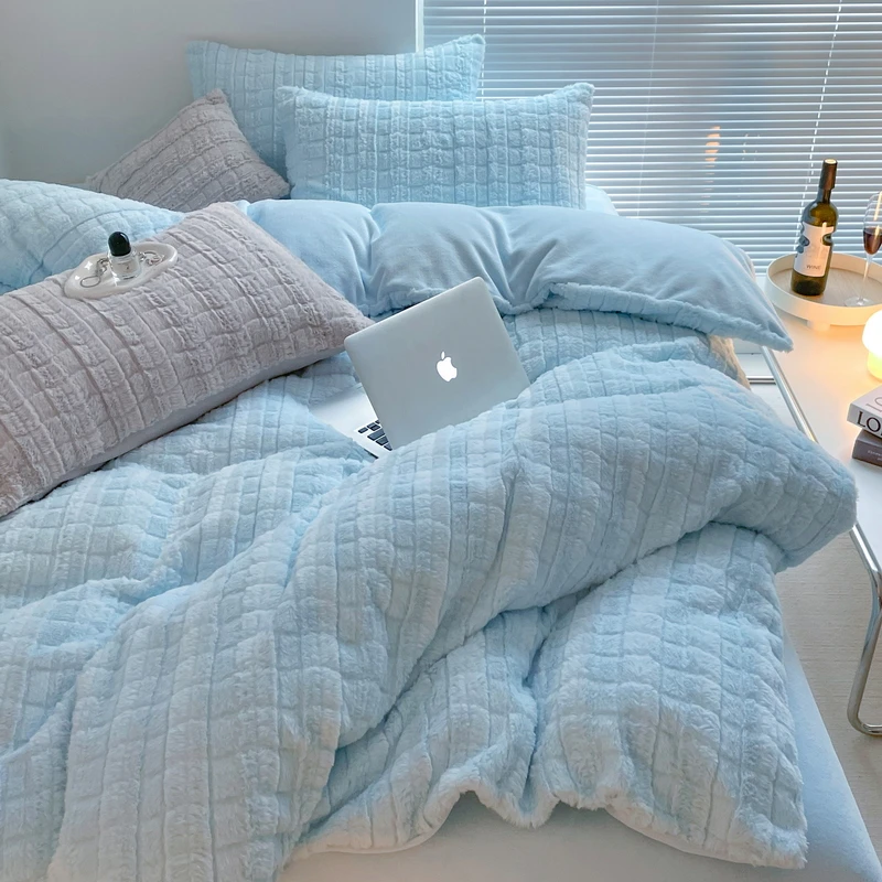 冬季加绒床单被套牛奶绒床上四件套公主风双面毛绒珊瑚绒三件套兔