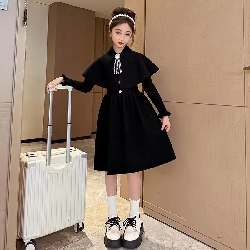 女童秋冬披肩连衣裙儿童洋气针织套装裙大童红色裙子拜年服打底裙