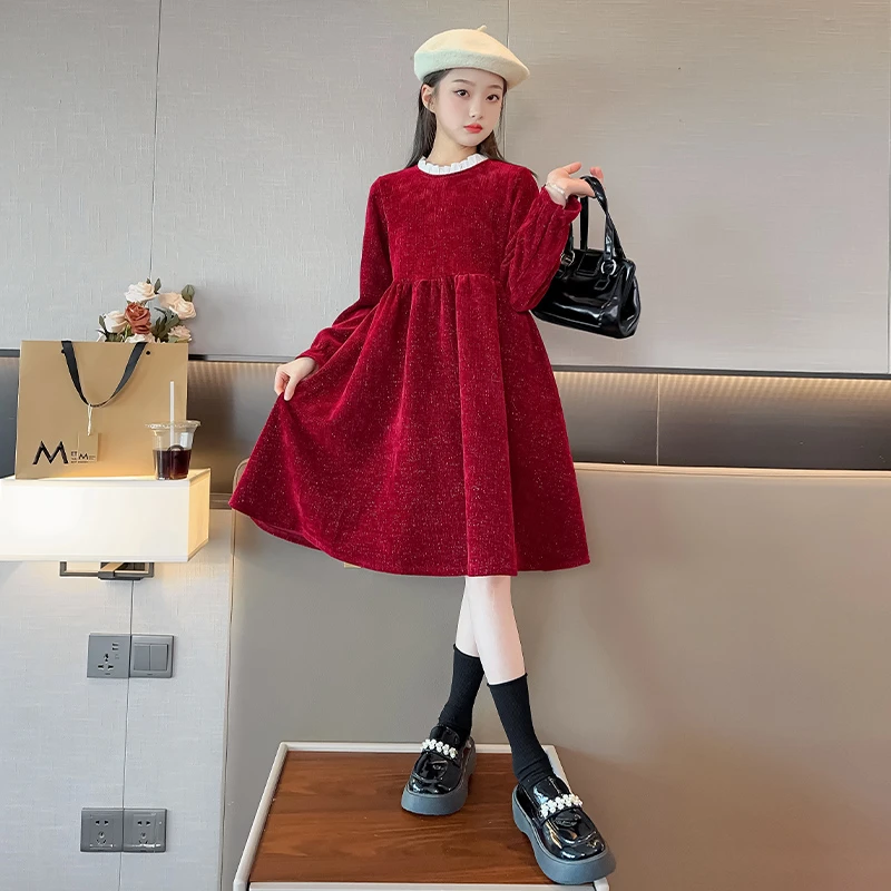 女童连衣裙春装拜年服中大童过年衣服洋气女孩春季红色新年装裙子