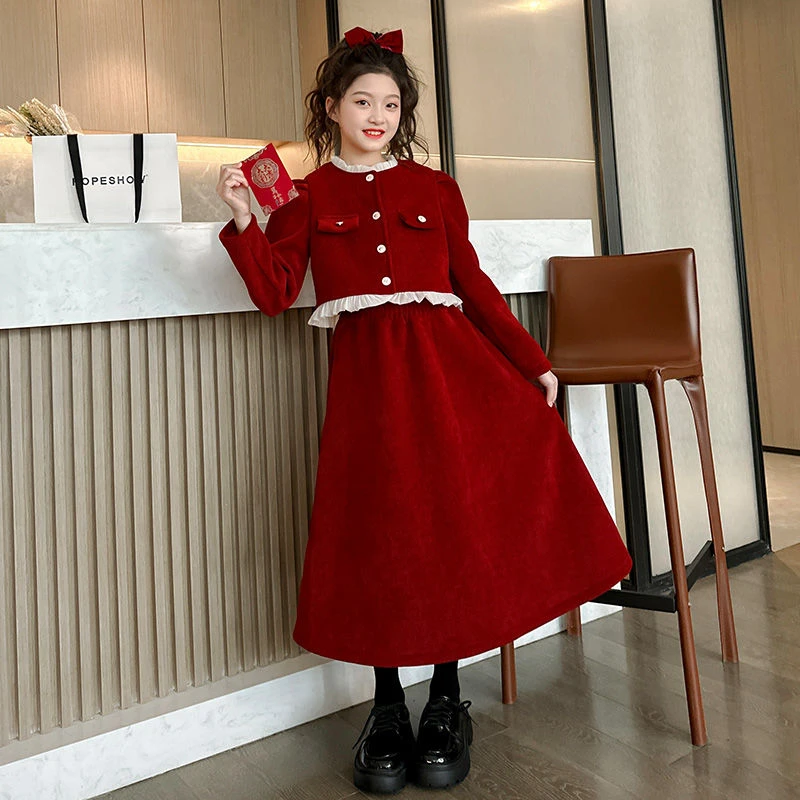 女童小香风年服套装新款中大儿童洋气长款半身裙两件套冬季套装裙