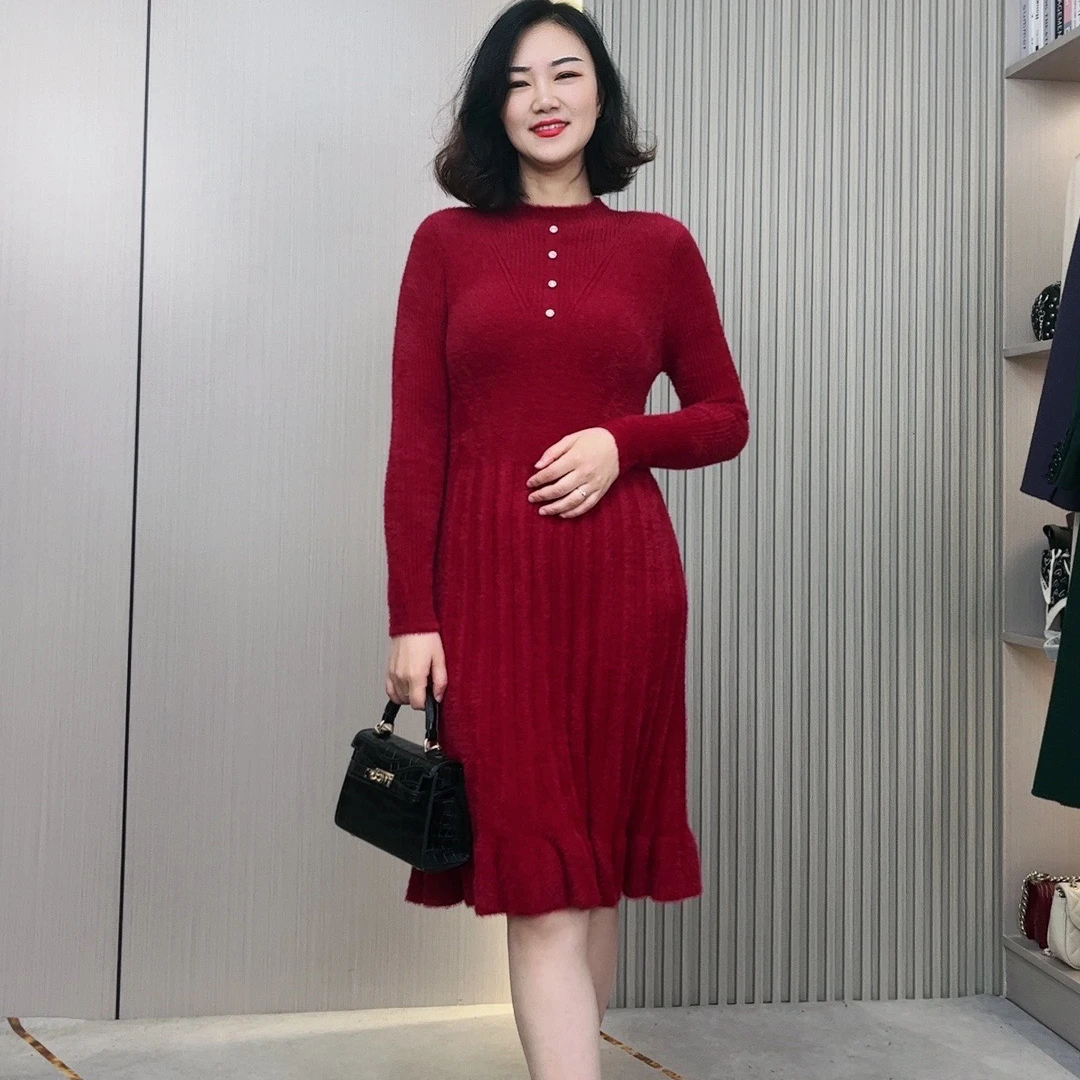 【雨澜】秋冬新款气质修身时尚洋气仿水貂毛高领过膝中长款连衣裙