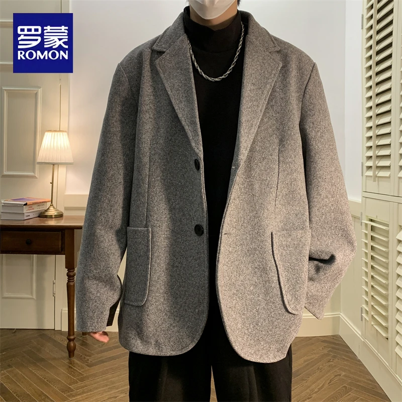 罗蒙冬季2025新款开叉毛呢西服宽松时尚百搭外套休闲纯色呢大衣男