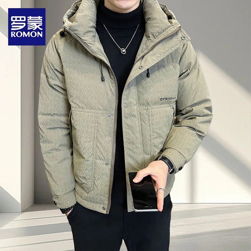 罗蒙白鸭绒羽绒服冬季2025新款高端潮牌连帽短款加厚防寒外套男款