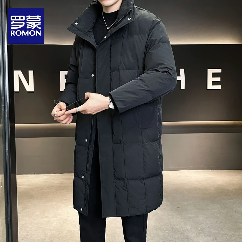 罗蒙黑色高级冬季中长款潮牌帅气青年加厚极寒白鸭绒羽绒服外套男