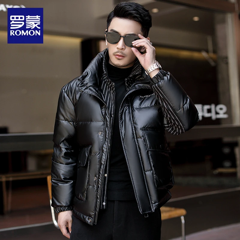 罗蒙潮流冬季亮面免洗黑色2024白鸭绒羽绒服加厚保暖加绒外套男款
