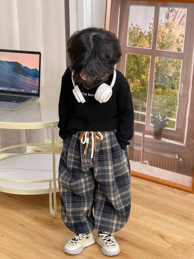 2024春季新款儿童宽松男女童系绳百搭格子裤宝宝时尚韩版简约童裤